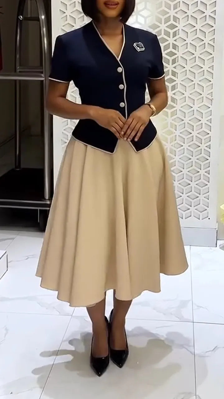 Women V-neck Breasted Top + Half Skirt Casual Outfit with Temperament