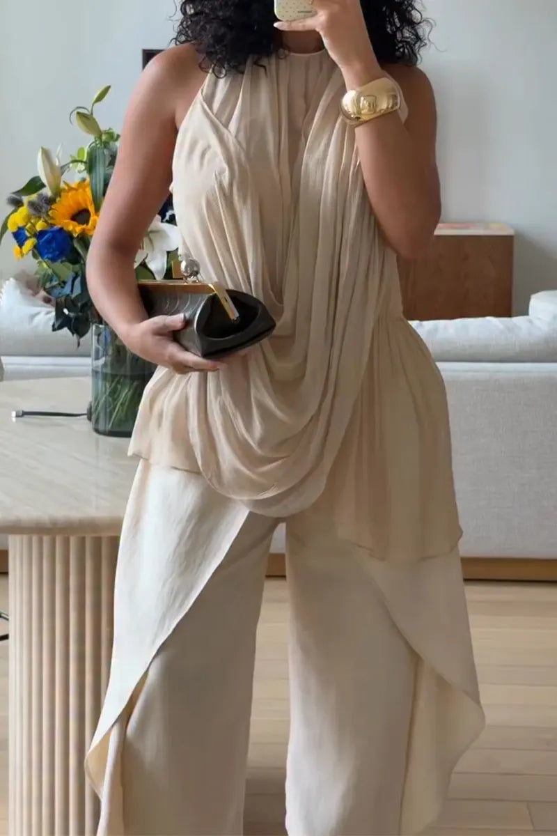 Women Round Neck Casual Irregular Top or Spliced Wide Leg Pants