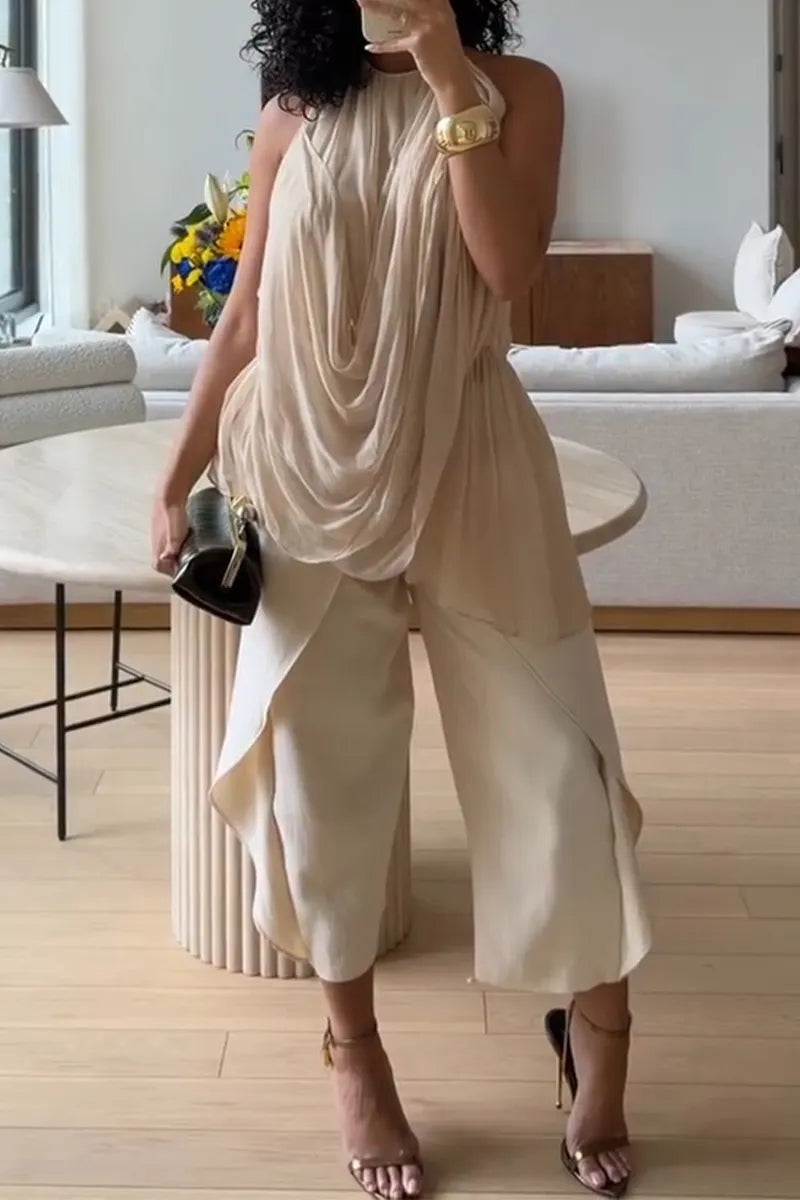 Women Round Neck Casual Irregular Top or Spliced Wide Leg Pants