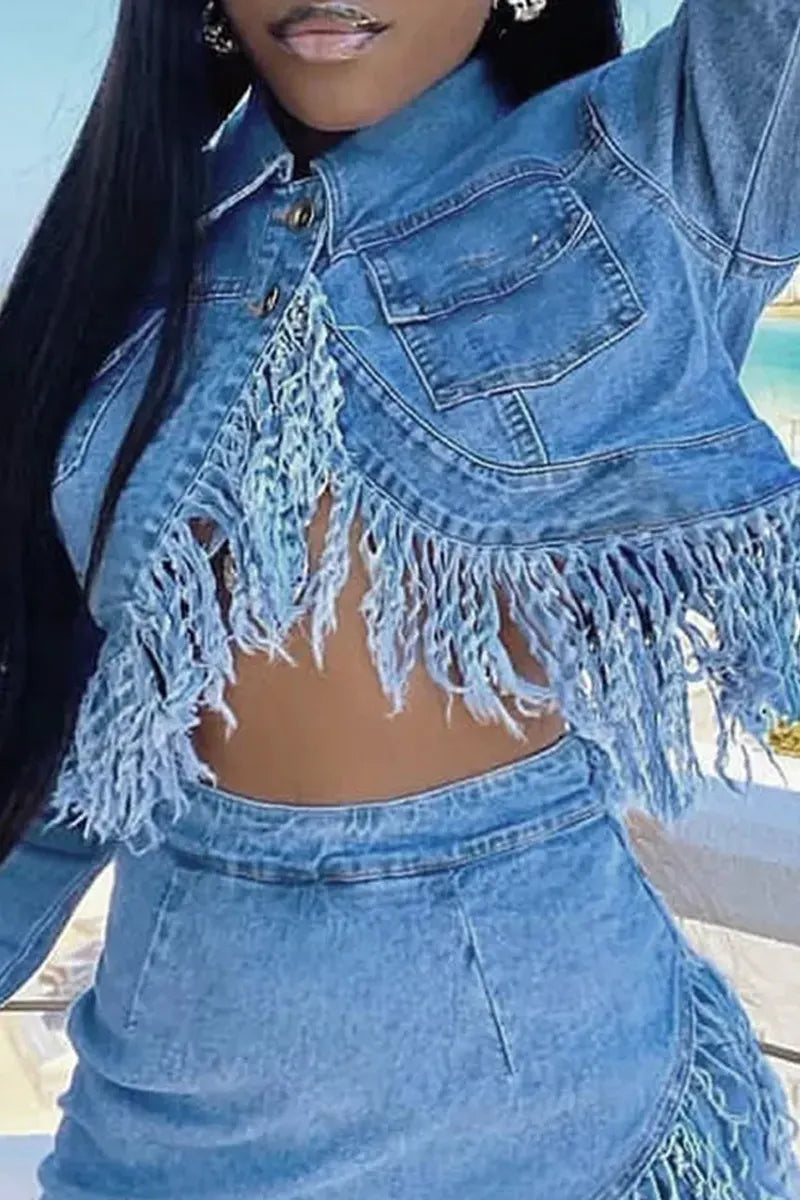 Women Light Blue Washed Lapel Collar Long Sleeve Full Fringe Hem Cropped Denim Jacket Or Denim High Waist Asymmetrical Raw Fringe Wrap Mini Skirt