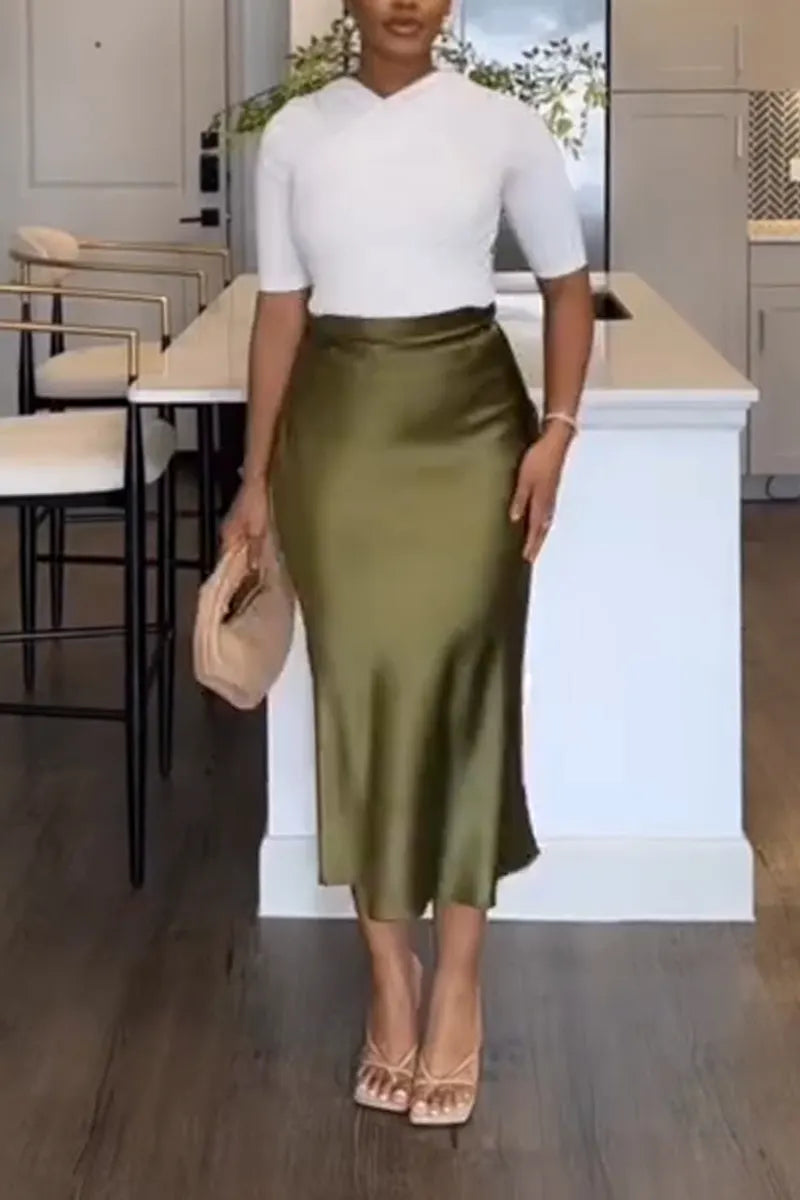 Women Round Neck Solid Color Top+ Satin Half Skirt Elegant Temperament Set