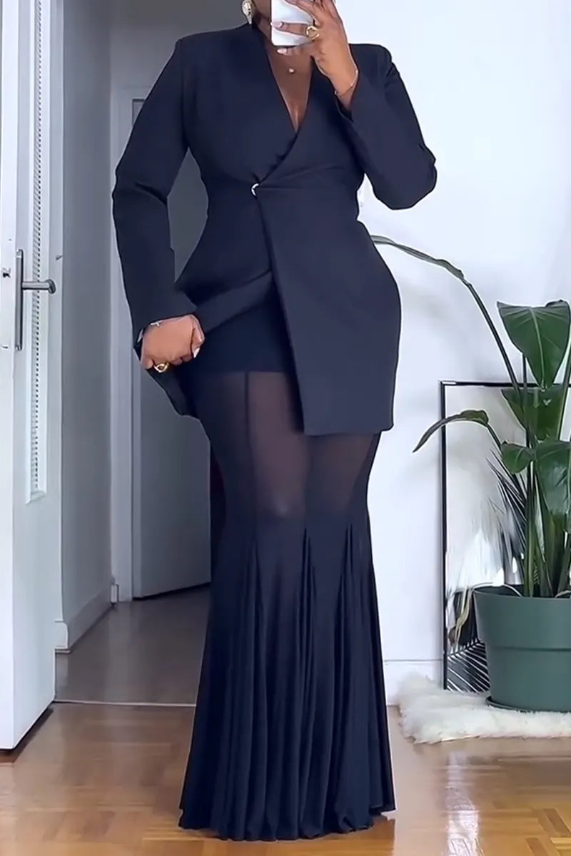 Women V-neck Jacket+ See Through Half Skirt Elegant Temperament Set