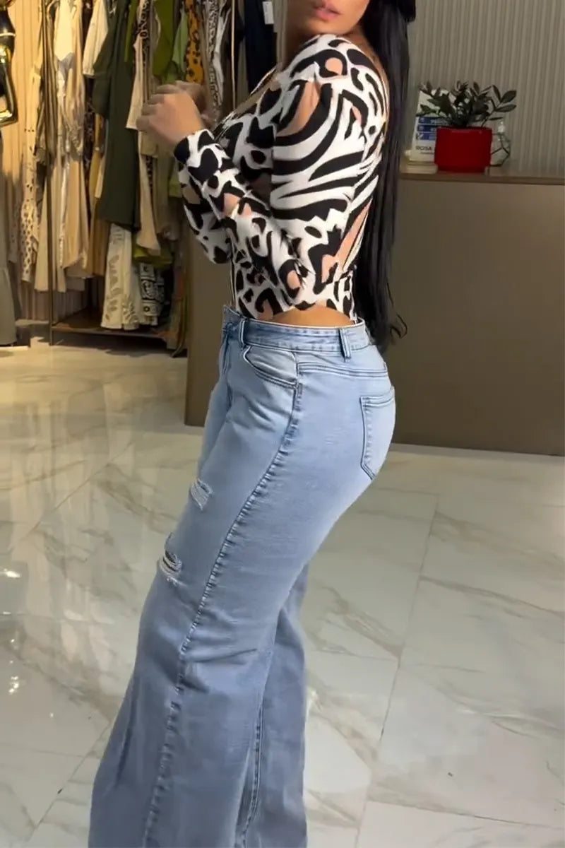 Women Casual Square Collar Printed Bodysuit or Ripped Washed Denim Jeans