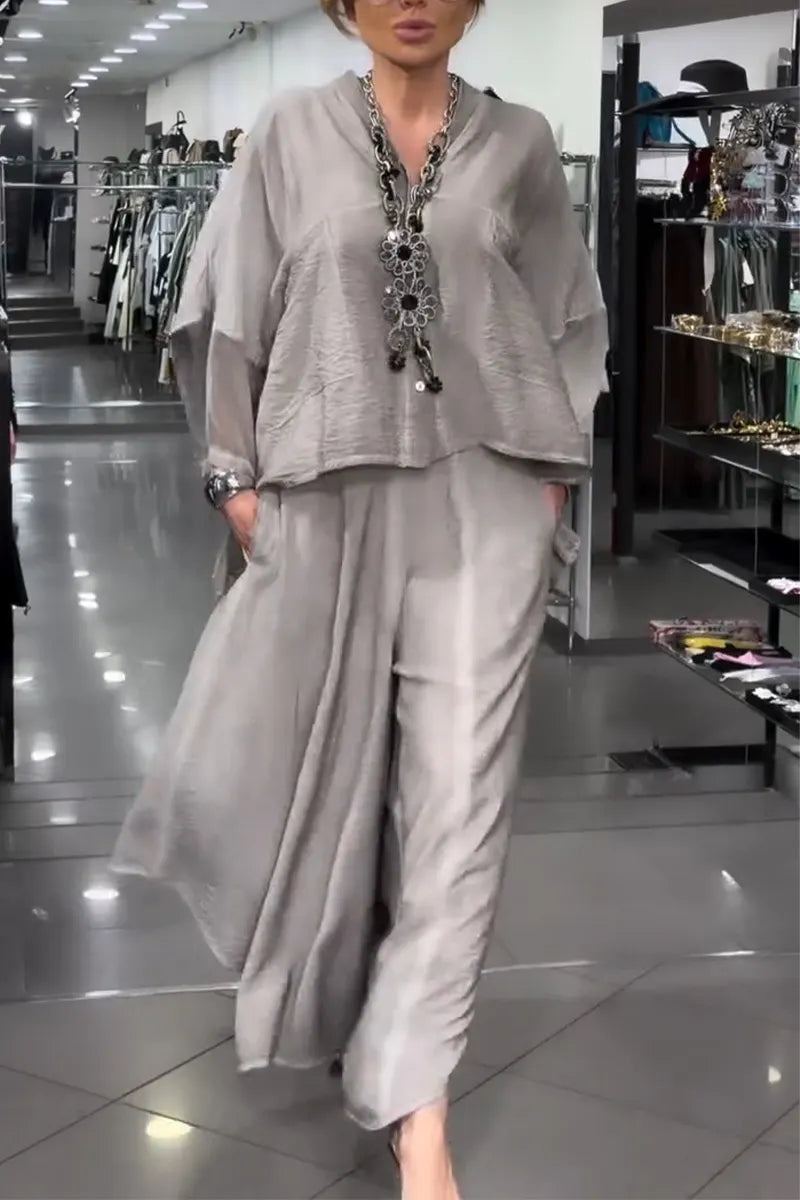 Women V-neck Top+ Wide Leg Pants Loose Casual Suit