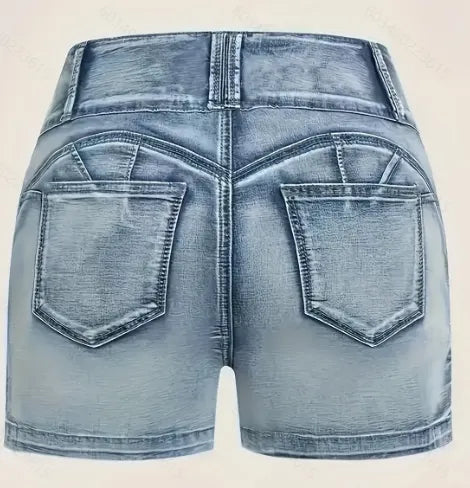 Ladies New Button Zipper Washed Casual Denim Shorts