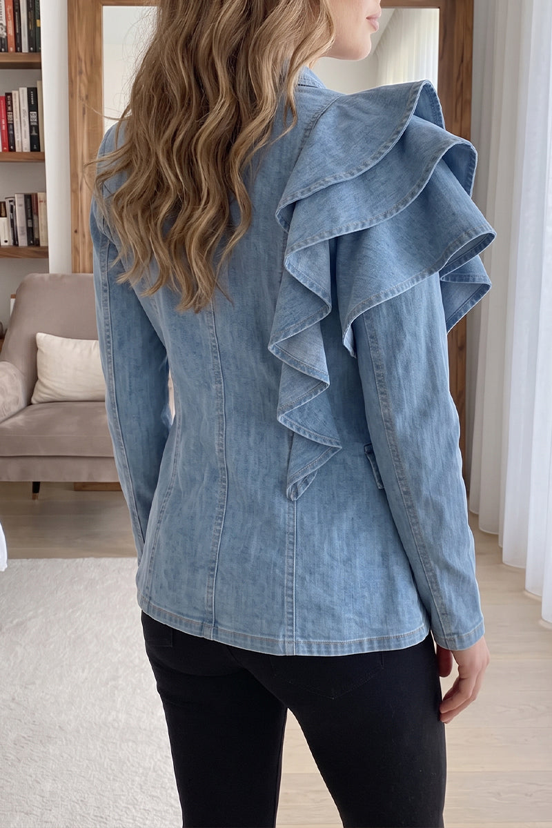 Women's Dramatic Asymmetrical Cascading Ruffle Denim Blazer