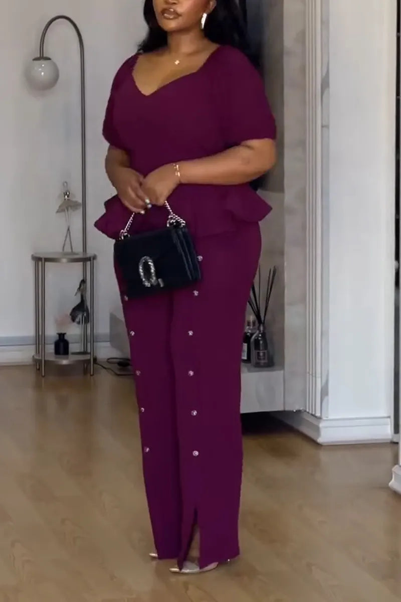 Women Square Collar Waist Cinched Top+ Rhinestone Pants Temperament Commuting Formal Suit