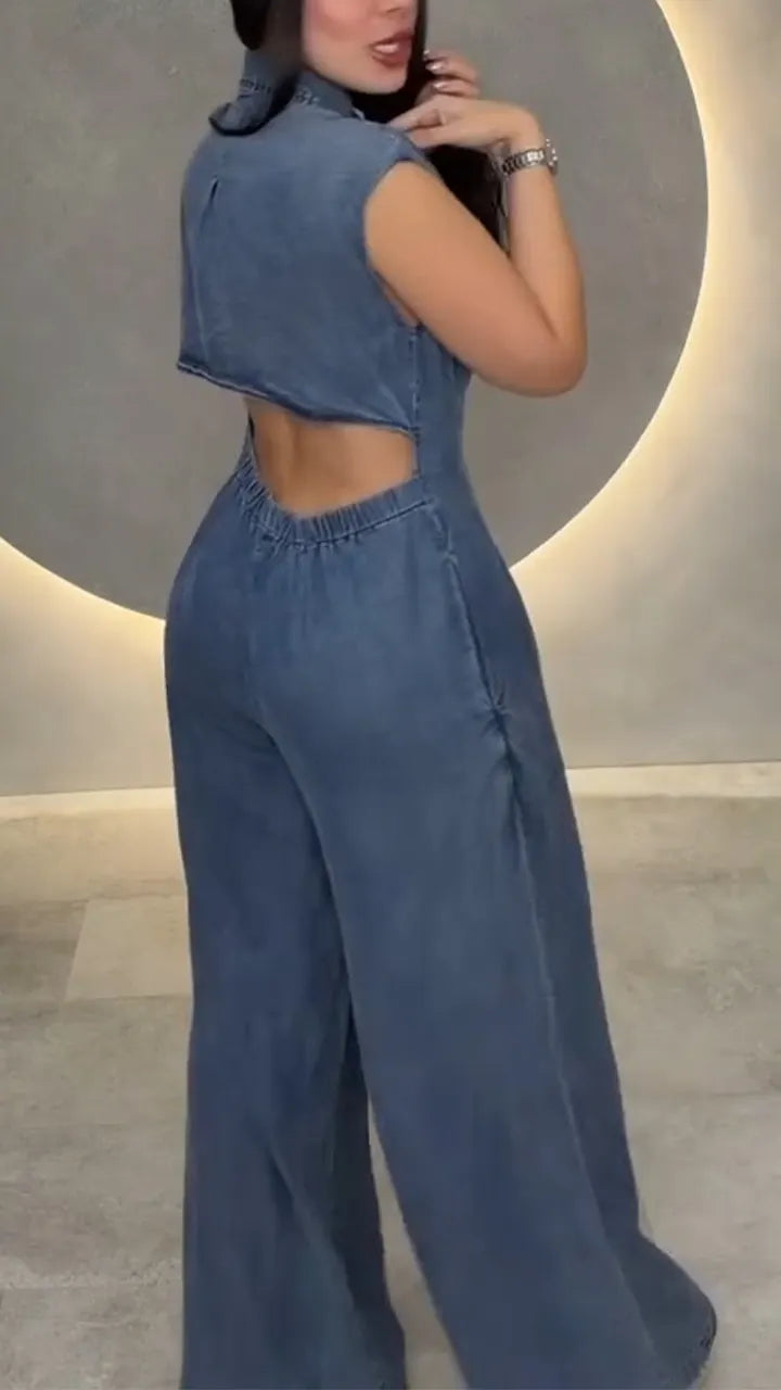 Women Flip Collar Back Hollowed Out Casual Denim Jumpsuit