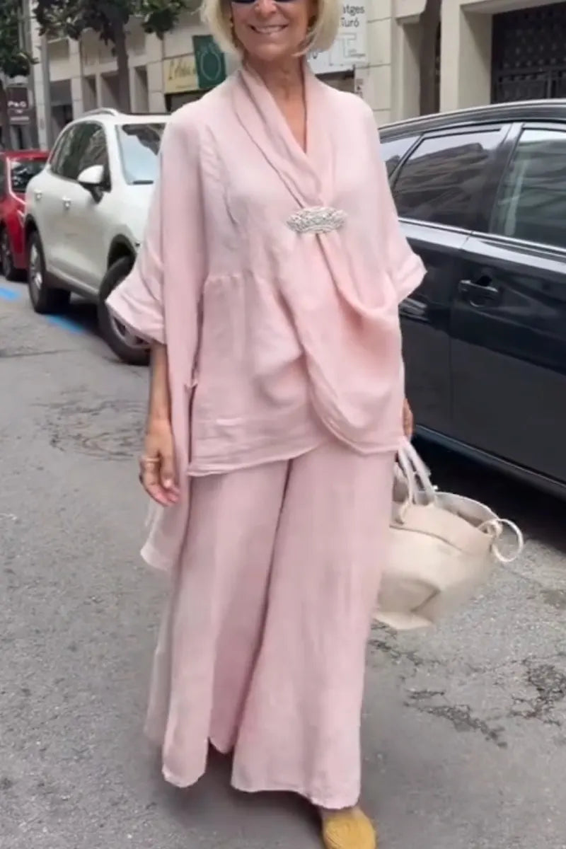 Womens V-neck Top+ Wide Leg Pants Loose Casual Suit