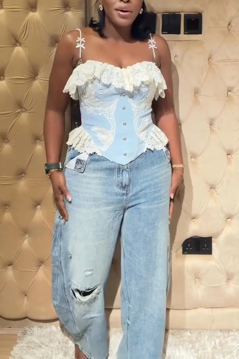 Women Spliced Waist Cinched Buckle Straps or Washed Ripped Jeans