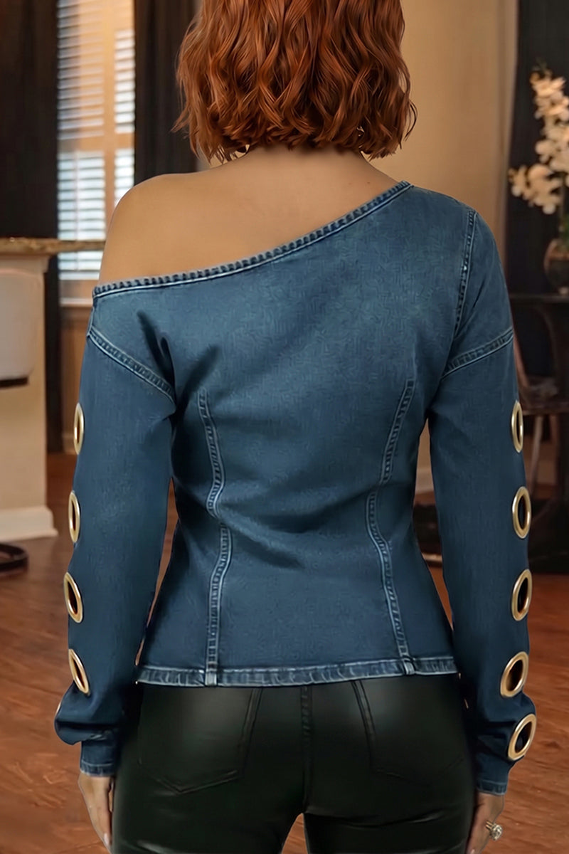 Women's Casual Asymmetric Neckline Metal Neckline Decoration Denim Top