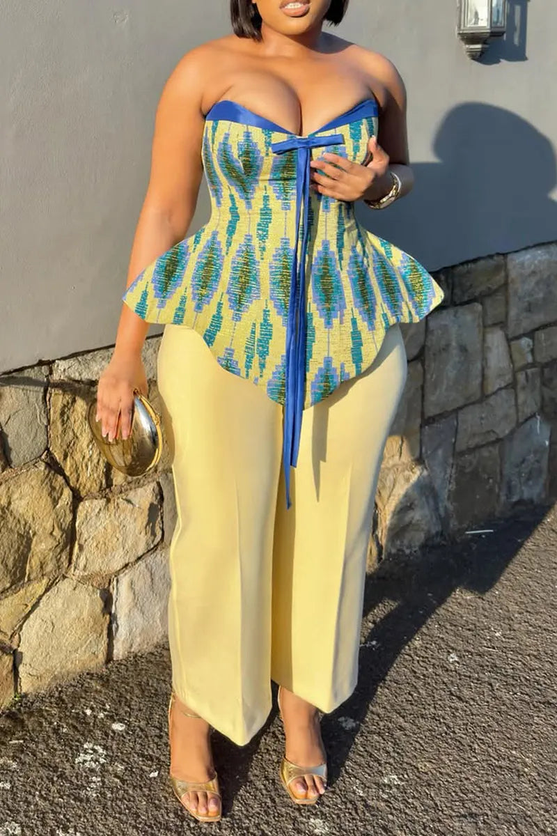 Women Elegant Casual Strapless Printed Irregular Tops or Wide Leg Pants