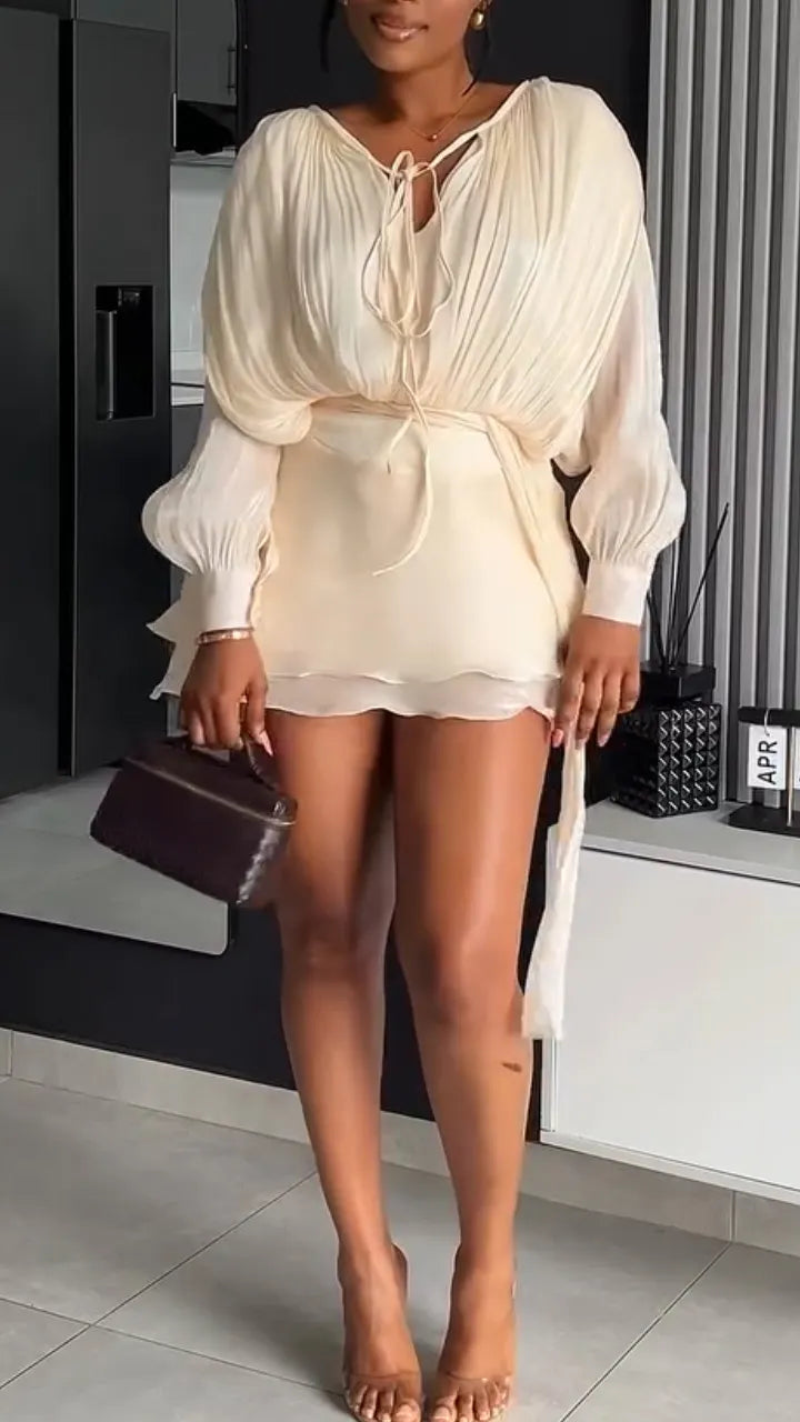 Women V-neck Lantern Sleeve Top+ Patchwork Skirt Elegant Temperament Set