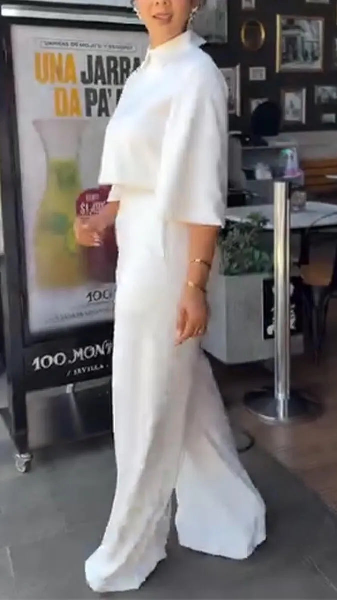 Women Collar Top+ Pants Solid Color Casual Suit