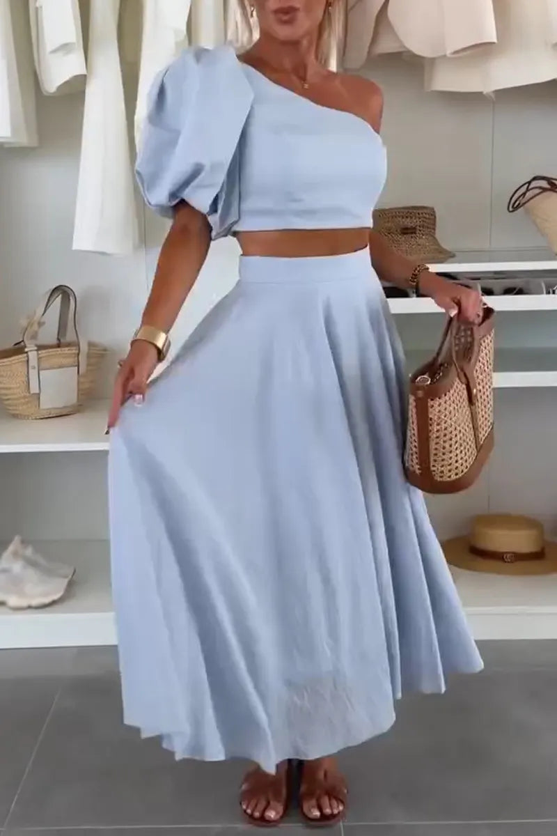 Women One Shoulder Top+ Half Skirt Elegant Casual Suit