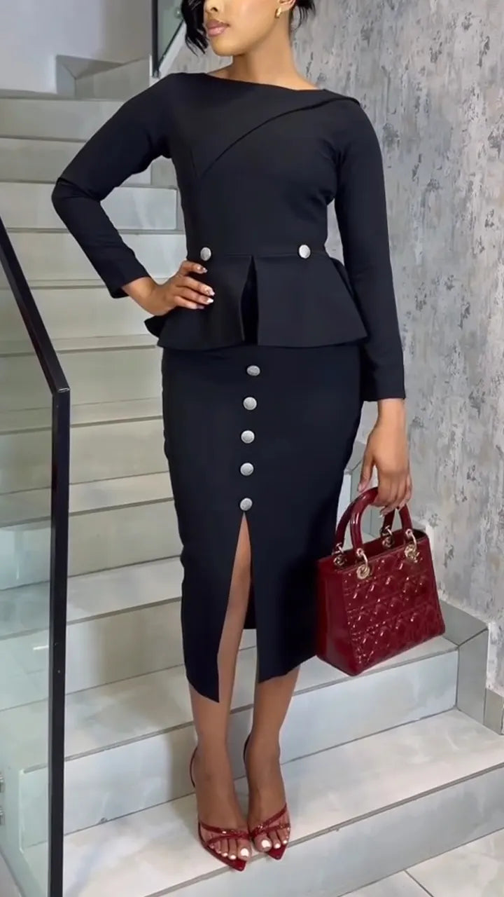 Women Round Neck Top + Breasted Split Half Skirt Temperament Commuting Suit