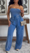 Women Strapless Patchwork Casual Denim Jumpsuit with Temperament