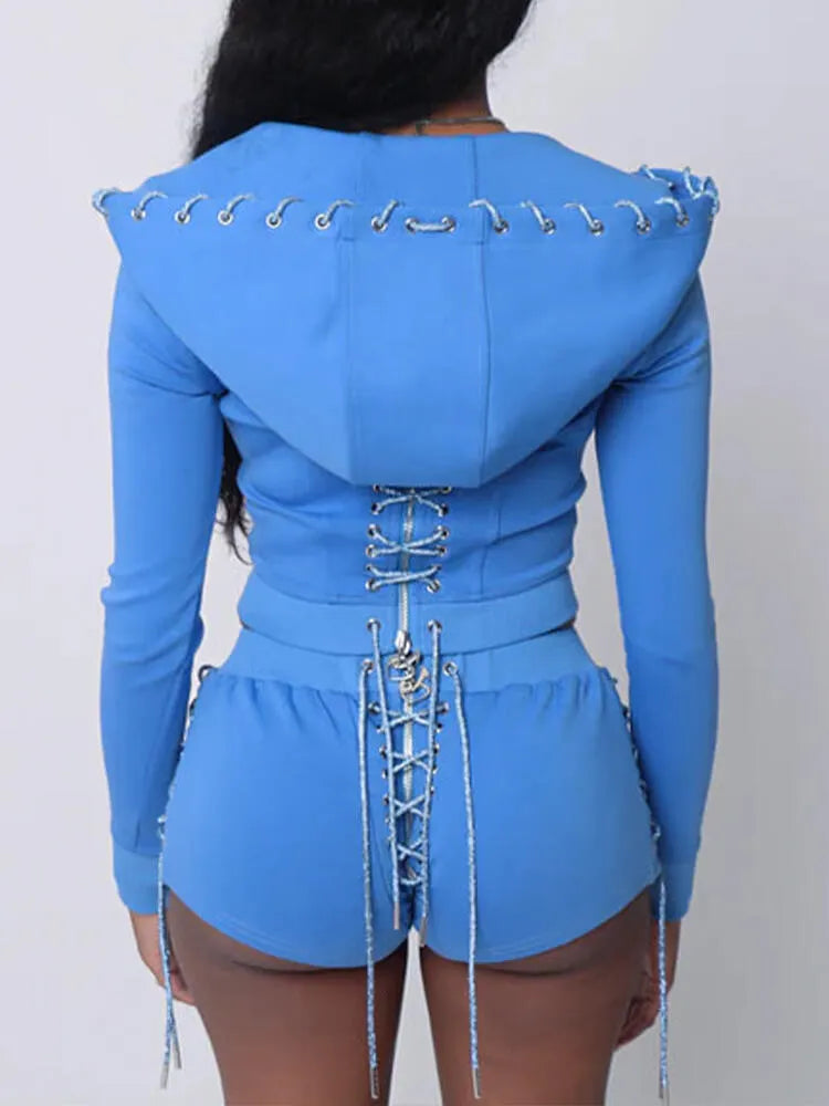 Womens Hooded Cross Drawstring Top+ Pants Casual Suit