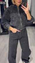 Women Round Neck Rhinestone Jacket+ Pants Casual Denim Suit