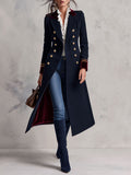 Women's Navy Military Double-Breasted Coat with Burgundy Velvet Collar