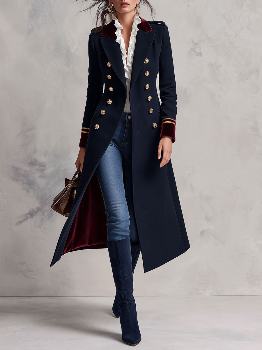 Women's Navy Military Double-Breasted Coat with Burgundy Velvet Collar