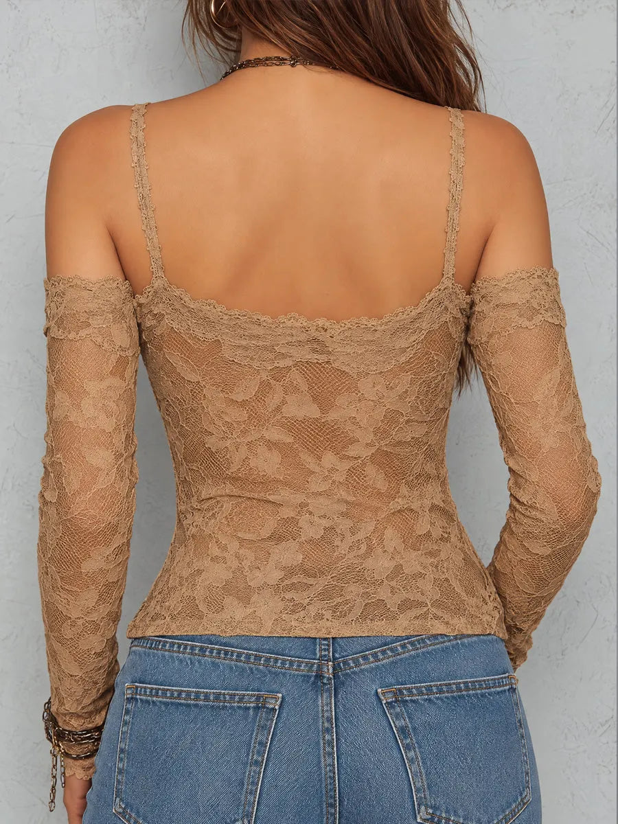 Vintage Floral Lace Off-Shoulder Long Sleeve T-shirt