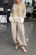 Women Round Neck Patchwork Top+ Lantern Pants Loose Casual Suit