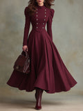 Retro Burgundy Stand Collar Puff Sleeve Maxi Dress with Double-Breasted Button