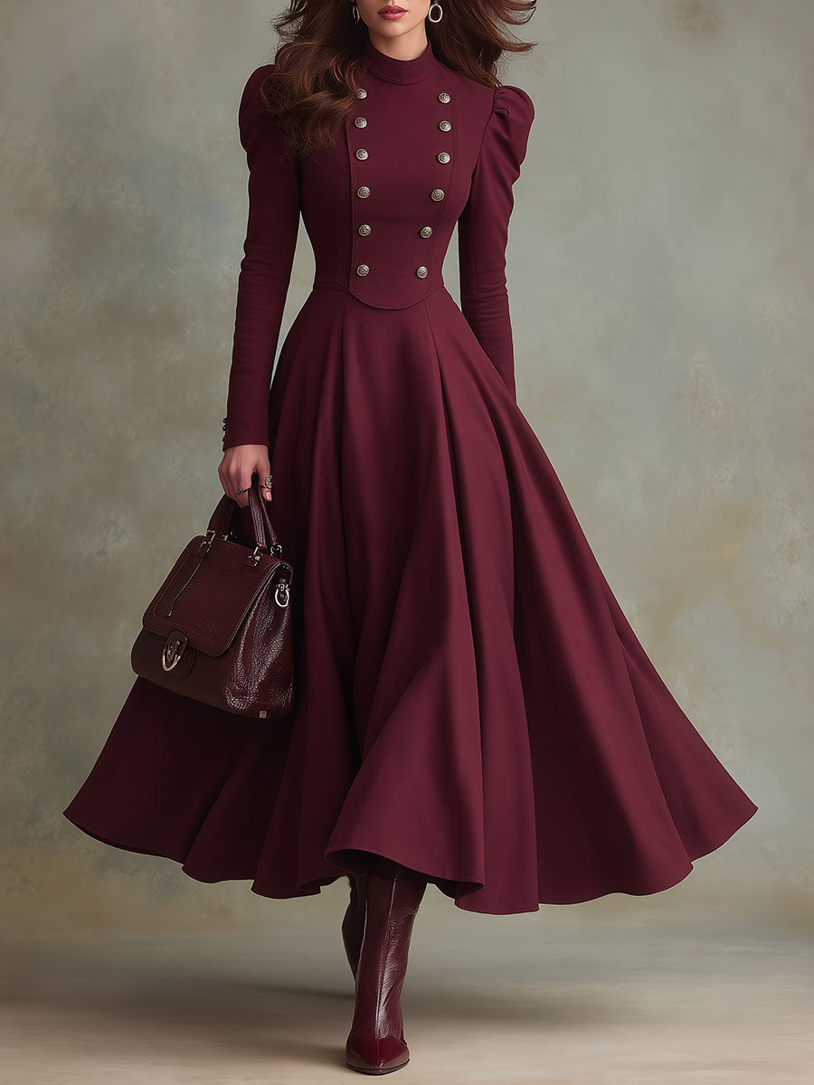 Retro Burgundy Stand Collar Puff Sleeve Maxi Dress with Double-Breasted Button