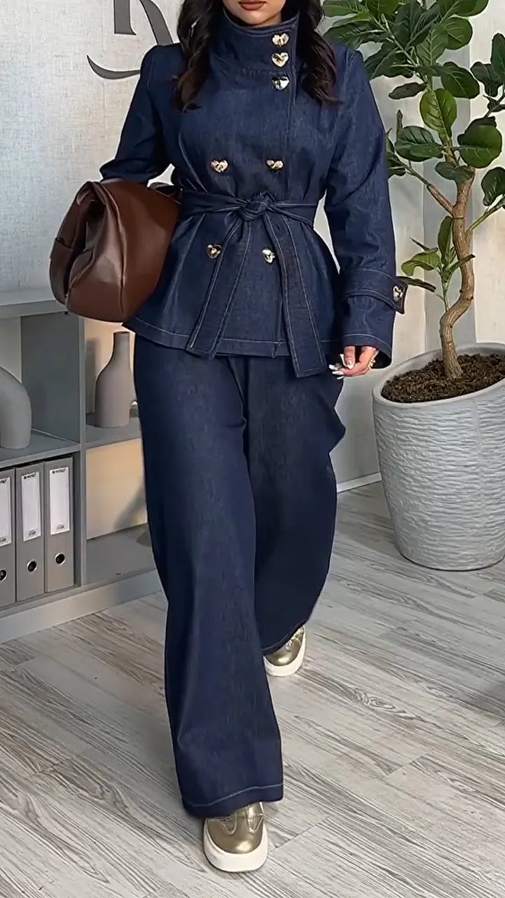Women Standing Collar Jacket+ Pants Style Casual Denim Suit