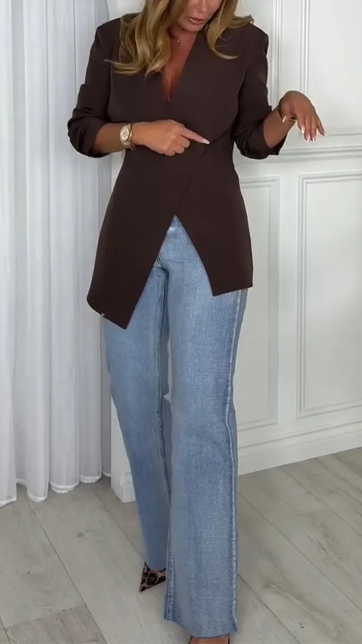 Women V-neck Jacket+ Jeans Casual Suit