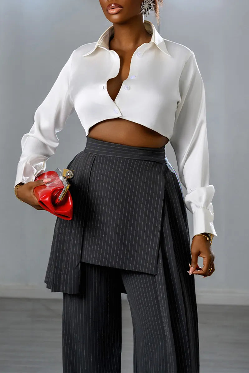 Women's Fashion Cropped Blouse Stripe Layered Pants Set