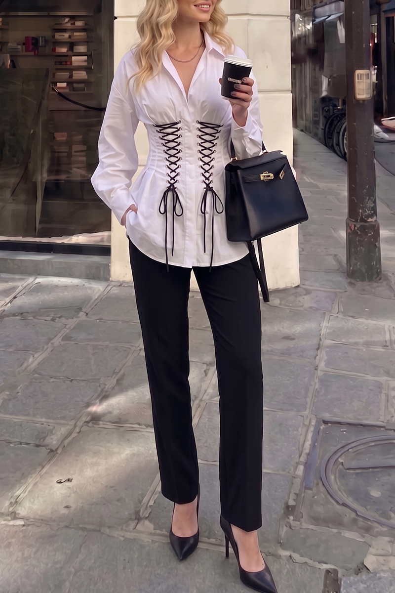 Women's Lace-Up Corset Waist Button Down Blouse Long Sleeve Slimming Peplum Work Shirt