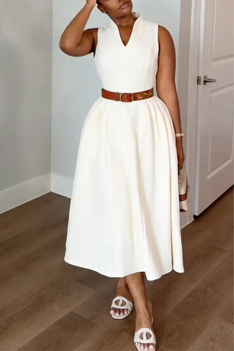 Women V-neck Waist Cinched Solid Color Dress+ Shawl Elegant Temperament Set