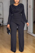 Women Round Neck Patchwork Waist Cinching Elegant Temperament Jumpsuit