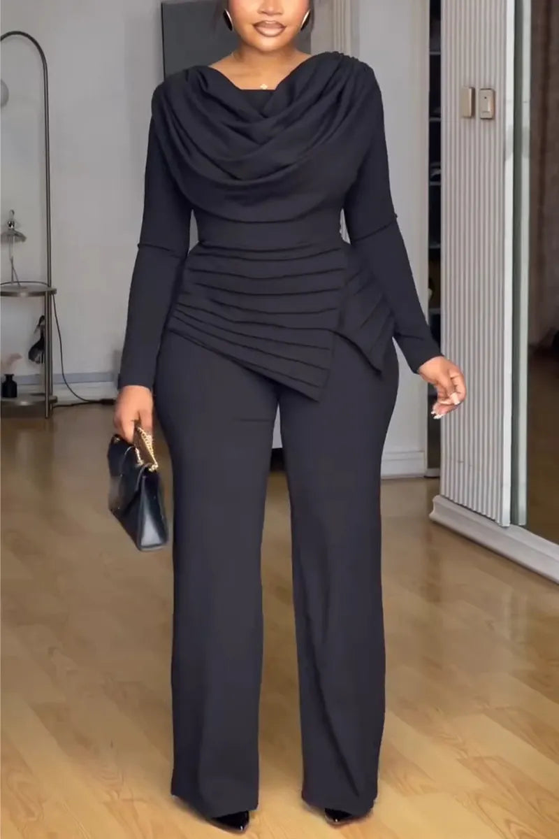 Women Round Neck Patchwork Waist Cinching Elegant Temperament Jumpsuit