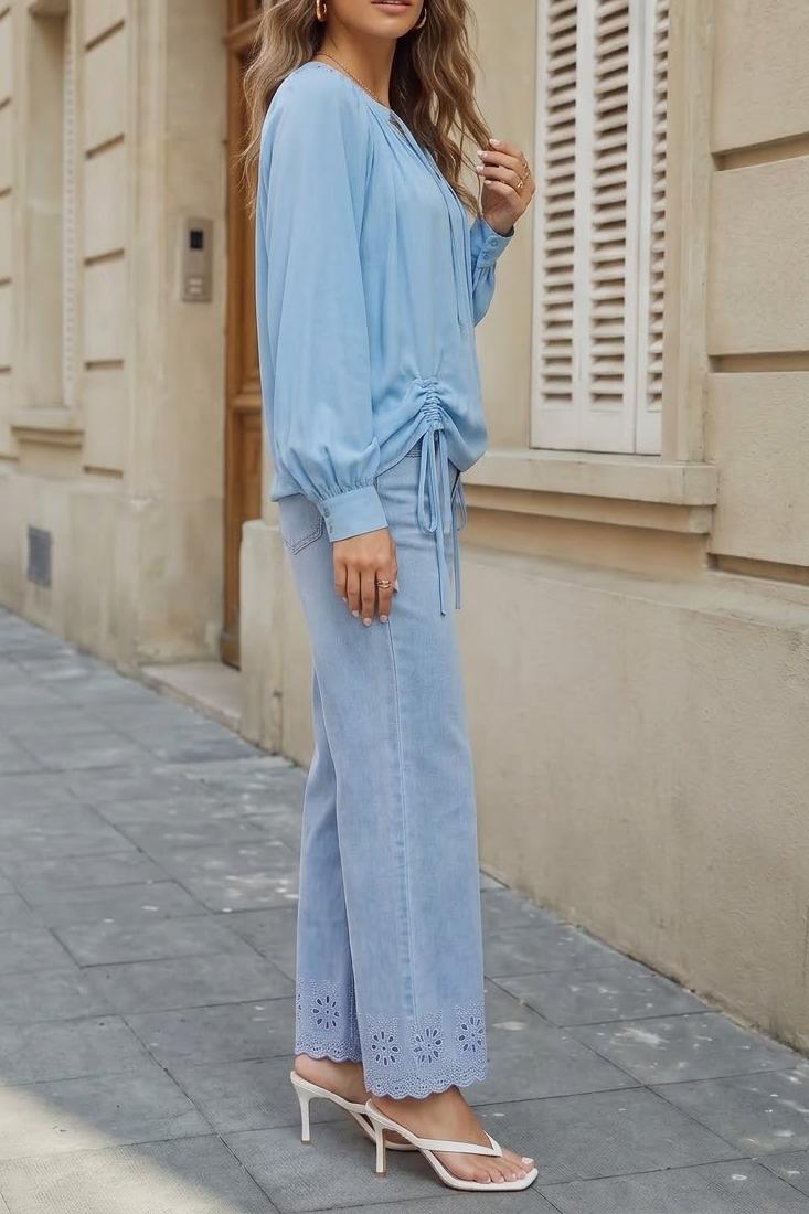 Women's Boho V Neck Tie Front Blouse Long Lantern Sleeve Drawstring Hem Loose Fit Casual Tunic Tops Summer Fall