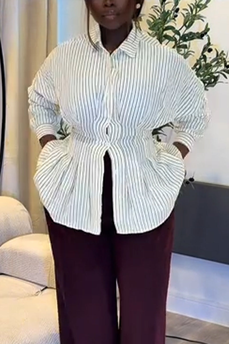 Women Collar Vertical Stripe Casual Shirt or Wide Leg Pants