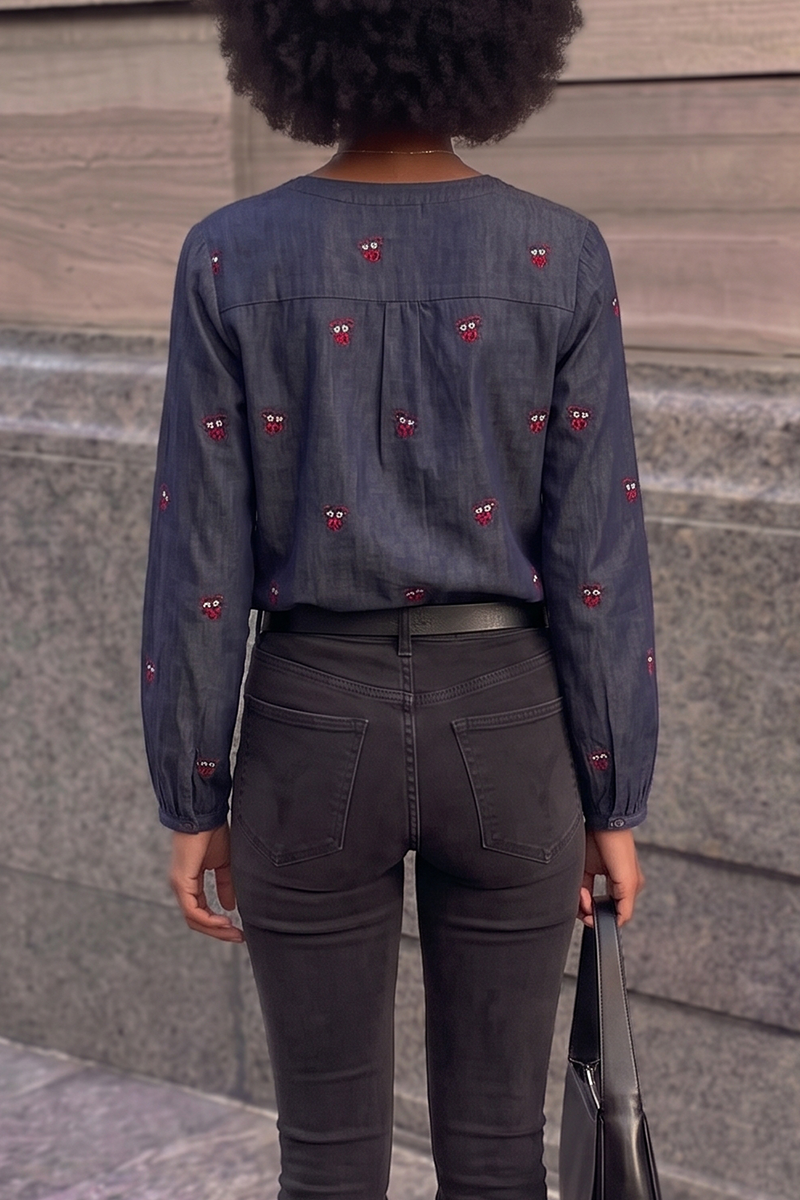 Women's Notched V-Neck Embroidered Button-Up Long Sleeve Denim Blouse