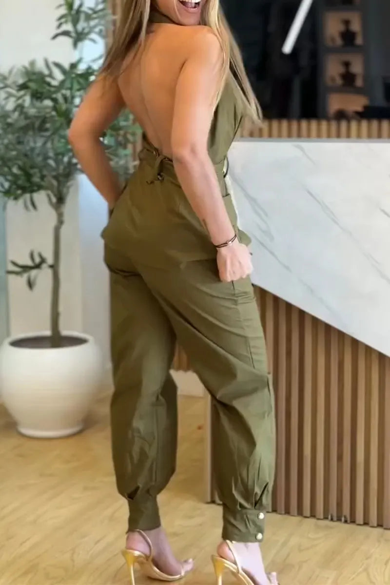 Women Neck and Waist Cinching Top+ Pants Casual Suit