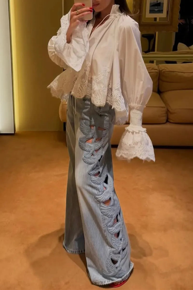 Women Stand Up Collar Patchwork Lace Patterned Top or Washed Side Patterned Hollowed Out Jeans