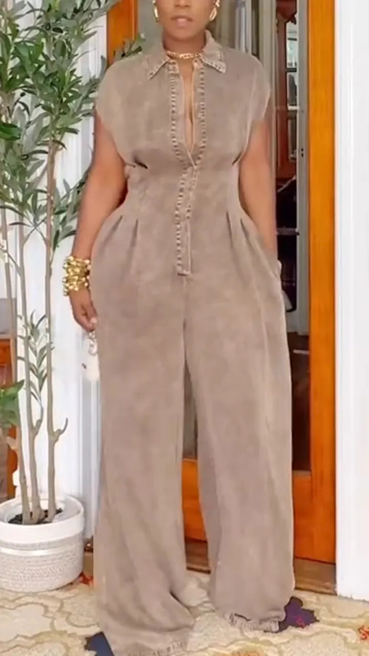 Women Lapels Behind Hollow Casual Jumpsuits