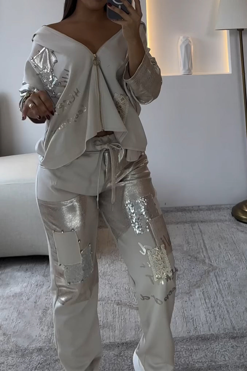 Women Patchwork Shiny Sequin Casual Jacket or Pants