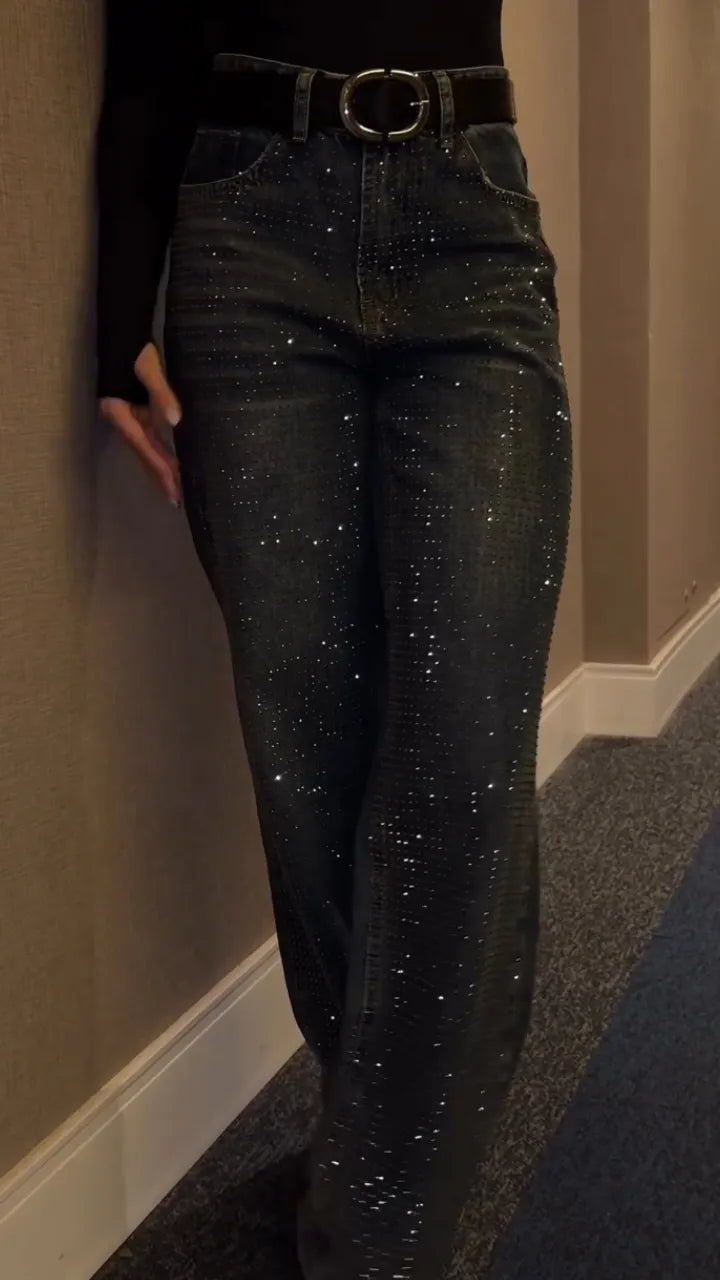 Women Rhinestone Washed Casual Jeans