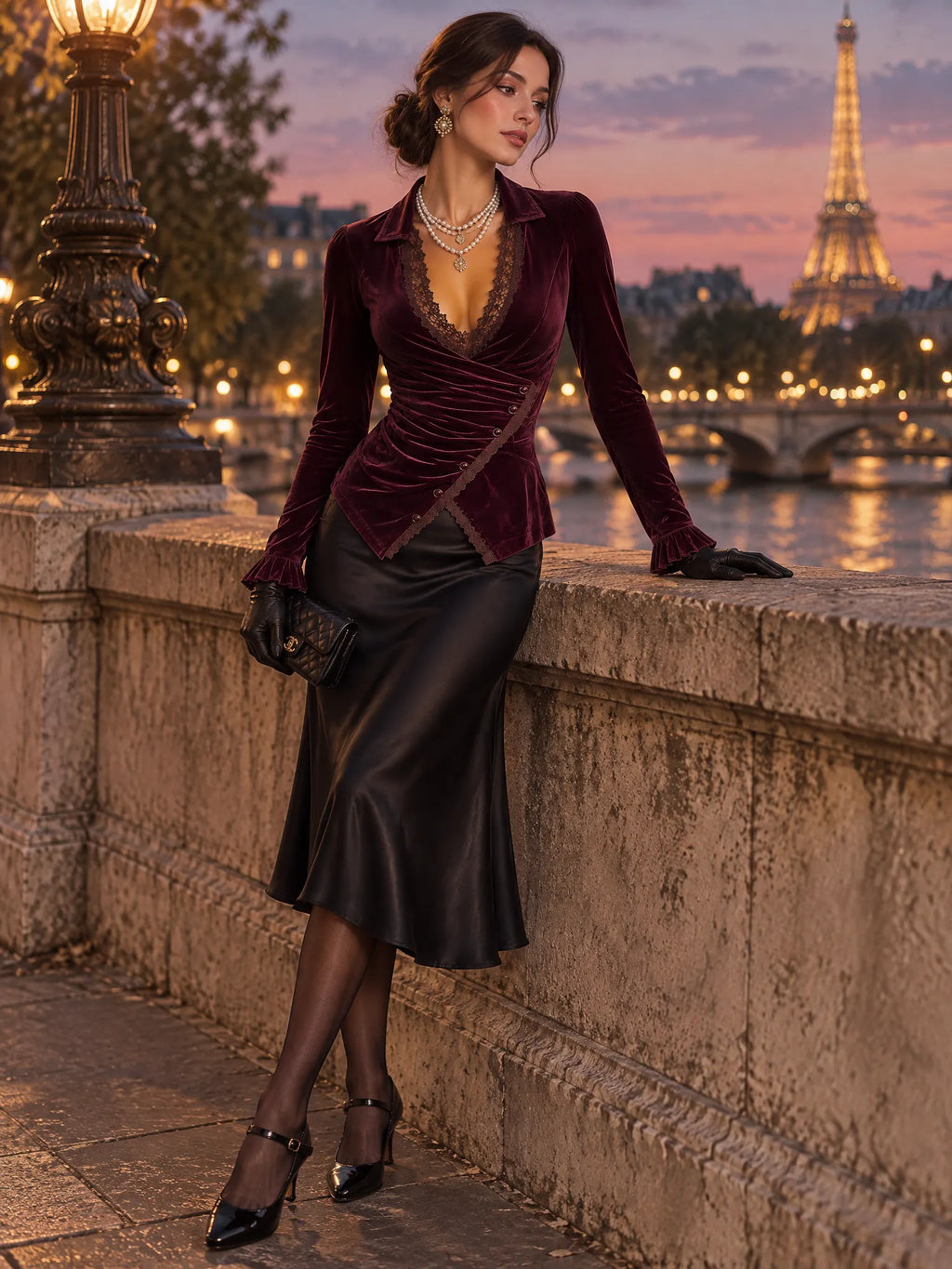 Retro Burgundy Lace Trim Plunging Collar Velvet Wrap Blouse with Ruffle Cuffs