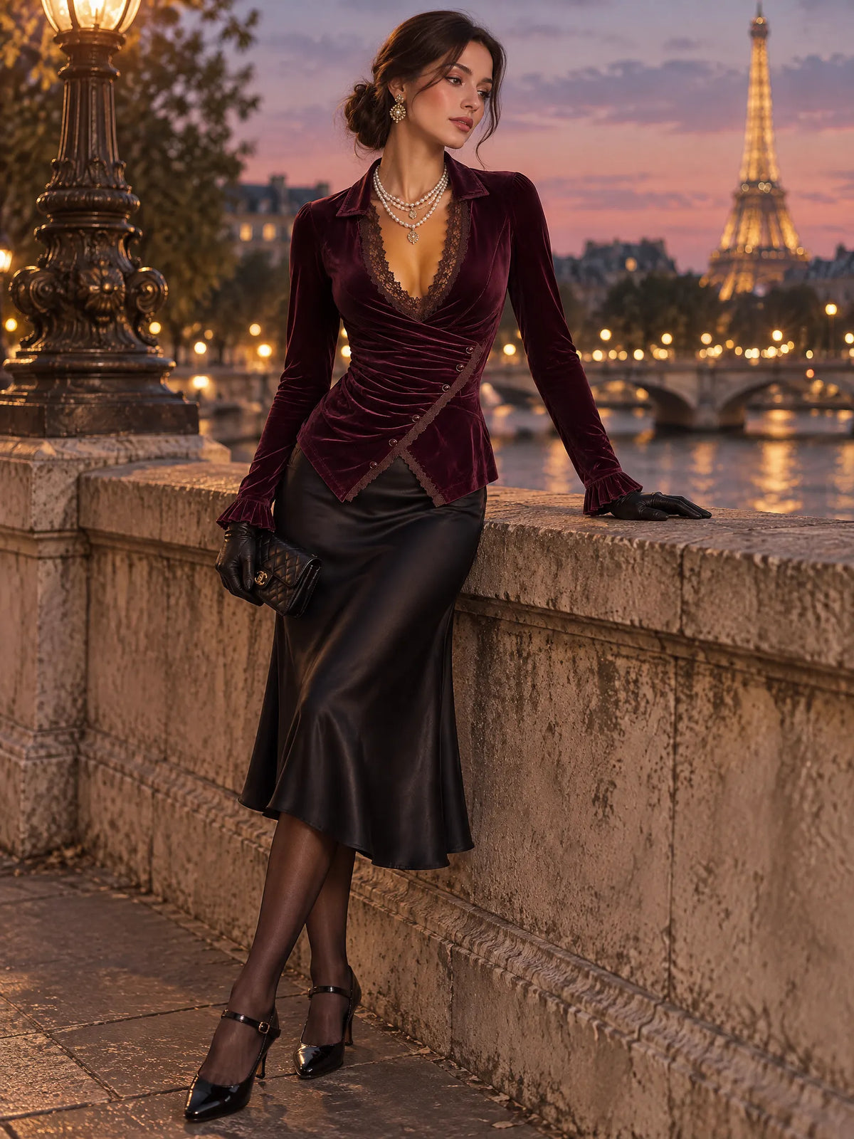 Retro Burgundy Lace Trim Plunging Collar Velvet Wrap Blouse with Ruffle Cuffs