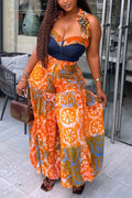 Women Hanging Neck Spliced Denim Print Casual Wide Leg Jumpsuit