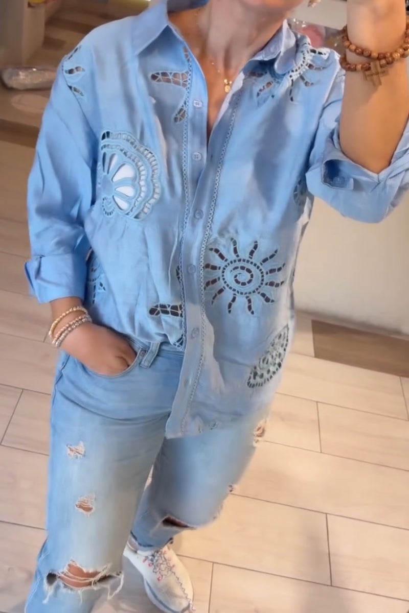 Women Collar Pattern Hollowed Out Shirt or Washed Ripped Jeans