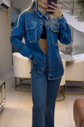 Women Collar Studded Denim Jacket or High Waisted Flared Jeans