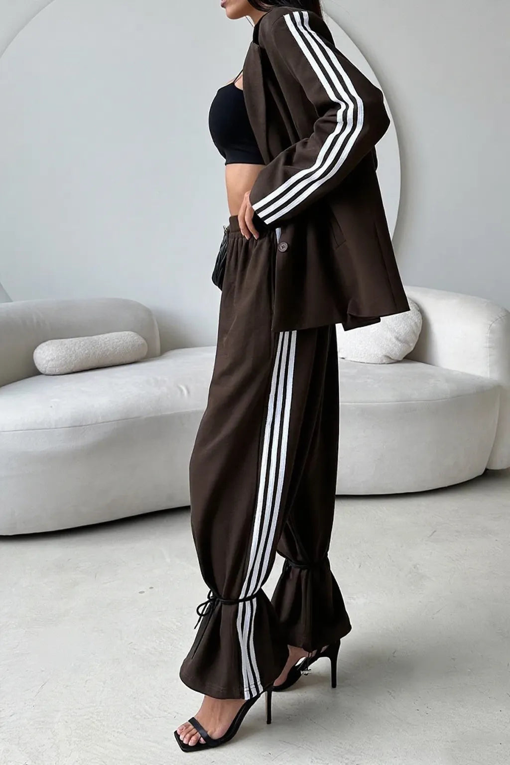 Ladies Collar Vertical Patterned Jacket+ Pants Casual Set